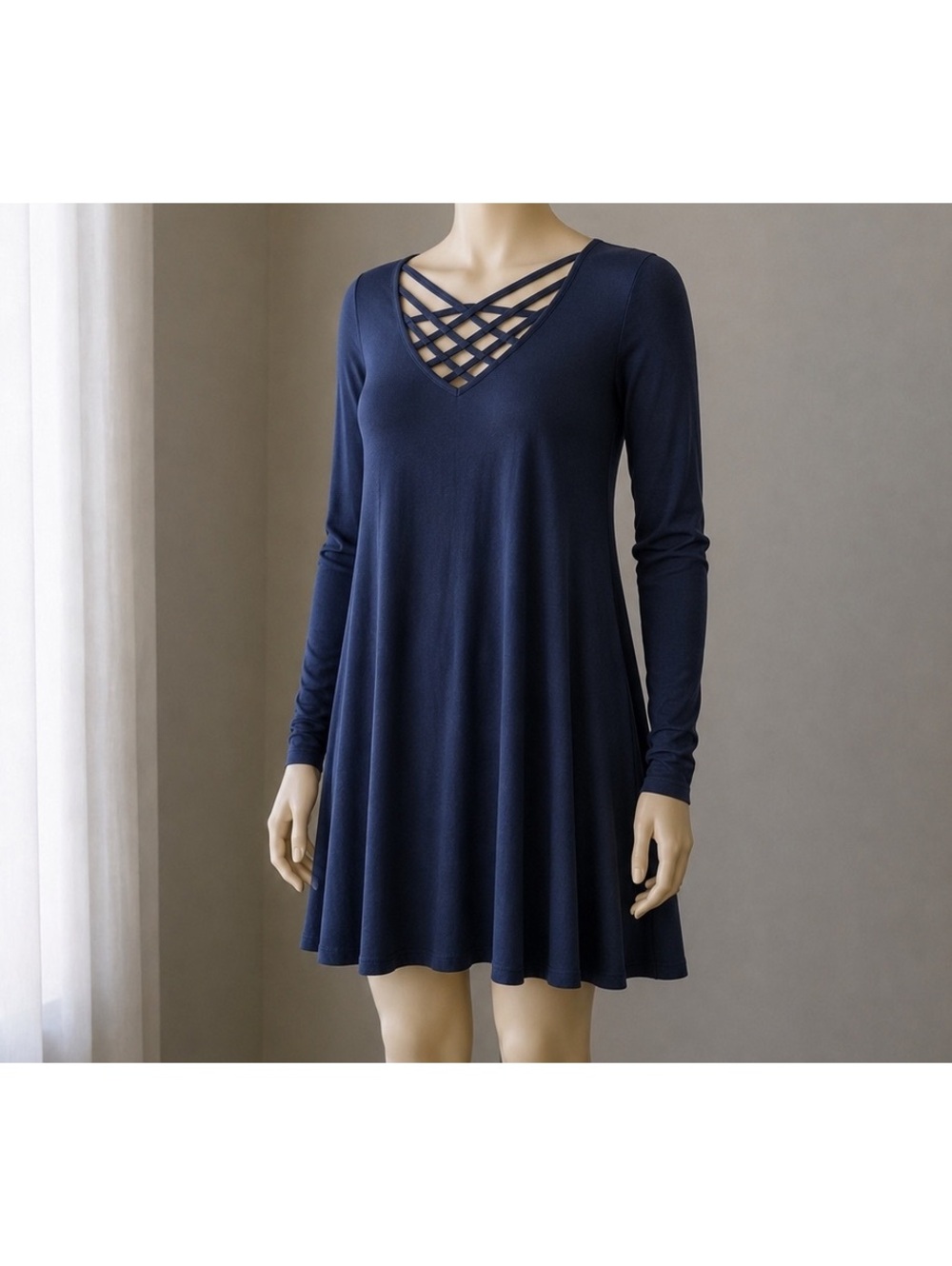 Zenana Premium Women’s L Navy Blue Criss Cross Lace Up Long Sleeve Swing Dress